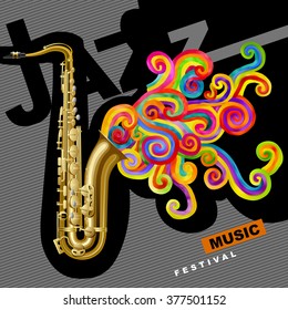 Afiche del festival de música Jazz y portada con rizos abstractos saxofónicos y coloridos. Ilustración vectorial