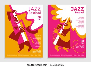 Jazz music festival poster design with man playing saxophone  and singing woman with microphone. Vector illustration flyer for jazz concert.