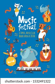 Jazz music festival poster design with cartoon animals playing music instruments