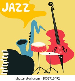 Jazz music festival poster with music instruments. Saxophone, piano, violoncello and cymbals flat vector illustration. Jazz concert