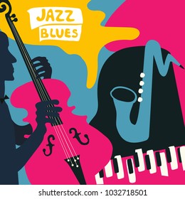 Jazz music festival poster with music instruments. Saxophone, piano and violoncello flat vector illustration. Jazz concert poster with cello player