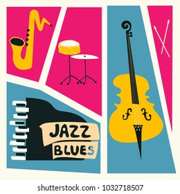 Jazz music festival poster with music instruments. Saxophone, piano, violoncello and cymbals flat vector illustration. Jazz concert