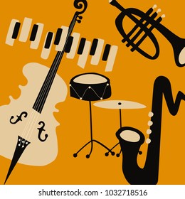 Jazz music festival poster with music instruments. Saxophone, piano, violoncello, trumpet and cymbals flat vector illustration. Jazz concert