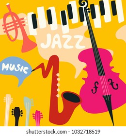 Jazz music festival poster with music instruments. Saxophone, piano, violoncello and trumpet flat vector illustration. Jazz concert