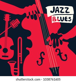 Afiche del festival de música Jazz con instrumentos musicales. Ilustración vectorial plana de violoncello, guitarra, trompeta y micrófono. Afiche del concierto de jazz