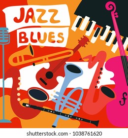 Afiche del festival de música Jazz con instrumentos musicales. Ilustración vectorial plana saxofónica, trompeta, guitarra, violoncello, piano, clarinete y micrófono. Concierto de jazz