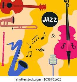 Jazz music festival poster with music instruments. Saxophone, trumpet, guitar, violoncello, microphone and clarinet flat vector illustration. Jazz concert