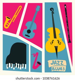 Jazz music festival poster with music instruments. Saxophone, trumpet, guitar, violoncello, piano and clarinet flat vector illustration. Jazz concert