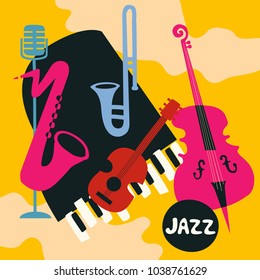 Jazz Music Festival Poster With Music Instruments. Saxophone, Trumpet, Guitar, Violoncello, Piano And Microphone Flat Vector Illustration. Jazz Concert