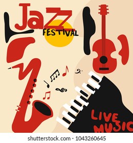 Jazz music festival poster with music instruments. Saxophone, guitar and piano with music notes flat vector illustration. Jazz concert
