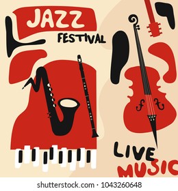 Jazz music festival poster with music instruments. Saxophone, violoncello, piano and clarinet flat vector illustration. Jazz concert