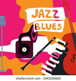 Jazz music festival poster with music instruments. Gramophone, violoncello, piano, clarinet and microphone flat vector illustration. Jazz concert