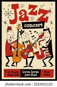 Jazz music festival poster. Live concert invitation, professional musicians with instruments, group performance in club, saxophonist and guitarist, tidy vector cartoon flat concept