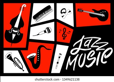 Jazz music festival poster with musical instruments (piano, pipe, guitar, cello, saxophone, microphone and trumpets). International Jazz Day. Vector hand drawn illustration. 