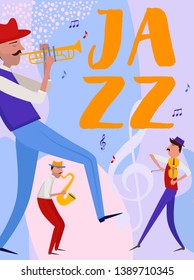 Jazz music festival poster with musicians and musical instruments. Editable vector illustration