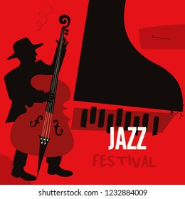 Jazz music festival poster with piano and contrabass flat vector illustration. Music background with music instruments, music festival poster, live concert events, party flyer