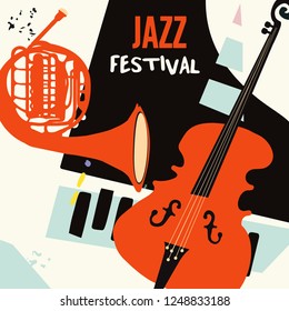 Afiche del festival de música Jazz con piano, cuerno francés e ilustración vectorial plana violoncello. Antecedentes musicales con instrumentos musicales, conciertos en directo, volante de fiestas, folleto, banner promocional