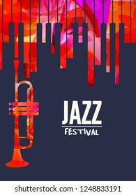 Jazz music festival poster with piano keyboard and trumpet vector illustration design. Music background with music instruments, live concert events, party flyer, brochure, promotion banner