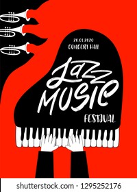 Jazz music festival poster with piano and trumpets. International Jazz Day. Vector hand drawn illustration. 

