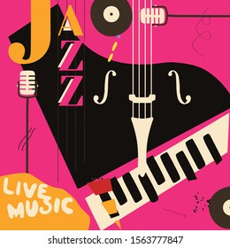 Jazz music festival poster with piano and microphone flat vector illustration design. Colorful music background, music show, live concert events, party flyer, jazz music poster