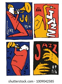 Jazz music festival poster set. Naive shabby style. 2d vector illustration