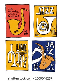 Jazz music festival poster set. Naive shabby style. 2d vector illustration