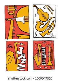 Jazz music festival poster set. Naive shabby style. 2d vector illustration