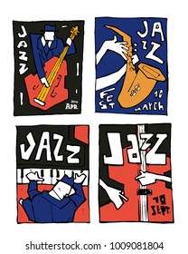 Jazz music festival poster set. Naive shabby style. 2d vector illustration