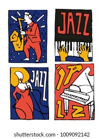 Jazz music festival poster set. Naive shabby style. 2d vector illustration