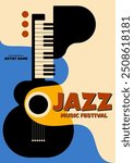 Jazz music festival poster template design. Abstract piano and guitar minimal style with organic shape background. Design element for print, brochure, leaflet, flyer, invitation, vector illustration