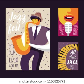 Jazz Music Festival Poster Template, Flyer, Placard. Musical Concert Event Banner with Musician and Singer. Vector illustration