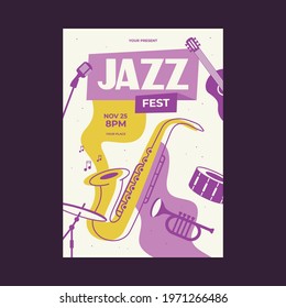 Jazz music festival poster template. Saxophone, snare drum, guitar, microphone, piano, trumpet vector illustration. Perfect for music event and jazz concerts
