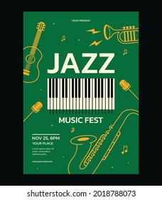 Jazz music festival poster template. Saxophone, guitar, microphone, piano, trumpet vector illustration. Perfect for music event and jazz concerts