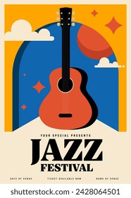 Jazz music festival poster template design with acoustic guitar modern vintage retro style. Design element can be used for background backdrop, brochure, leaflet, flyer, print, vector illustration