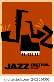 Jazz music festival poster template design background with piano and saxophone. Design element can be used for backdrop, banner, brochure, leaflet, flyer, print, vector illustration