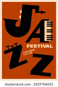 Jazz music festival poster template design background with typography and piano keyboard. Design element can be used for backdrop, banner, brochure, leaflet, flyer, print, vector illustration