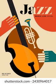 Diseño de plantilla de cartel de festival de música de jazz decorativo con chelo y trompeta.  Elemento de diseño se puede utilizar para el telón de fondo, banner, folleto, folleto, folleto, folleto, impresión, ilustración vectorial