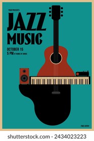 Jazz music festival poster template design with guitar and piano vintage retro style. Design element can be used for background, backdrop, banner, brochure, leaflet, flyer, print, vector illustration