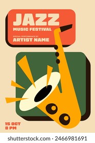 Jazz music festival poster template design background with saxophone vintage retro style. Design element can be used for backdrop, banner, brochure, leaflet, flyer, print, vector illustration