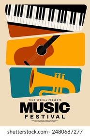 Jazz music festival poster template design background with music instrument. Design element can be used for backdrop, banner, brochure, leaflet, flyer, print, vector illustration