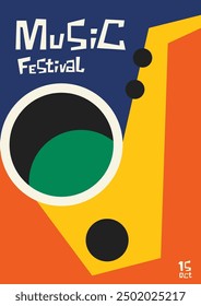  Jazz music festival poster template design background. Minimal saxophone in geometric shape vintage retro style. Design element can be used for banner, brochure, leaflet, flyer, vector illustration