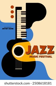 Design de modelo de cartaz de festival de música jazz. Abstrato piano e guitarra estilo mínimo com fundo de forma orgânica. Elemento de projeto para impressão, brochura, folheto, folheto, convite, ilustração vetorial