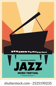 Design de modelo de cartaz de festival de música jazz. Estilo mínimo de piano isolado em faixas abstratas de raios solares multicoloridos. Elemento de projeto para impressão, brochura, folheto, folheto, convite, ilustração vetorial