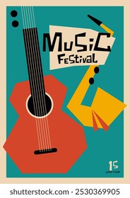 Jazz music festival poster template design background. Geometric shape of saxophone and guitar minimal style. Design element for print, brochure, leaflet, flyer, invitation, vector illustration