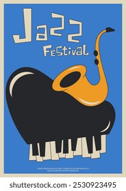 Jazz music festival poster template design background. Abstract piano and saxophone modern vintage retro style. Design element for print, brochure, leaflet, flyer, invitation, vector illustration