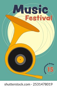 O fundo do projeto do cartaz do festival de música de jazz decorado com trompa francesa e disco de vinil. Elemento de projeto para impressão, brochura, folheto, folheto, convite, ilustração vetorial