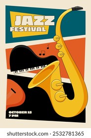 Diseño de Plantilla de cartel de festival de música de Jazz con saxofón, piano, guitarra aislada en diseño de cuadrícula geométrica. Elemento de diseño para impresión, folleto, folleto, volante, invitación, Ilustración vectorial