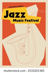 Plakatvorlage für das Jazzmusikfestival, mit minimalem Saxophonumriss einzeln auf orangefarbenem Hintergrund dekoriert. Gestaltungselement für Druck, Broschüre, Faltblatt, Flyer, Einladung, Vektorgrafik