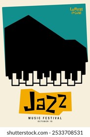 Plano de fundo do design do modelo do cartaz do festival de música jazz. Forma geométrica piano minimamente moderno vintage retro estilo. Elemento de projeto para impressão, brochura, folheto, folheto, convite, ilustração vetorial