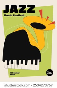 Jazz Musik Festival Poster Vorlage Design Hintergrund. Klavier und Saxophon moderner Vintage-Retro-Stil. Gestaltungselement für Druck, Broschüre, Faltblatt, Flyer, Einladung, Vektorgrafik